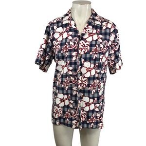 RJC Hawaii Mens Large Hibiscus Floral Plaid Aloha Shirt Navy White Red USA Made